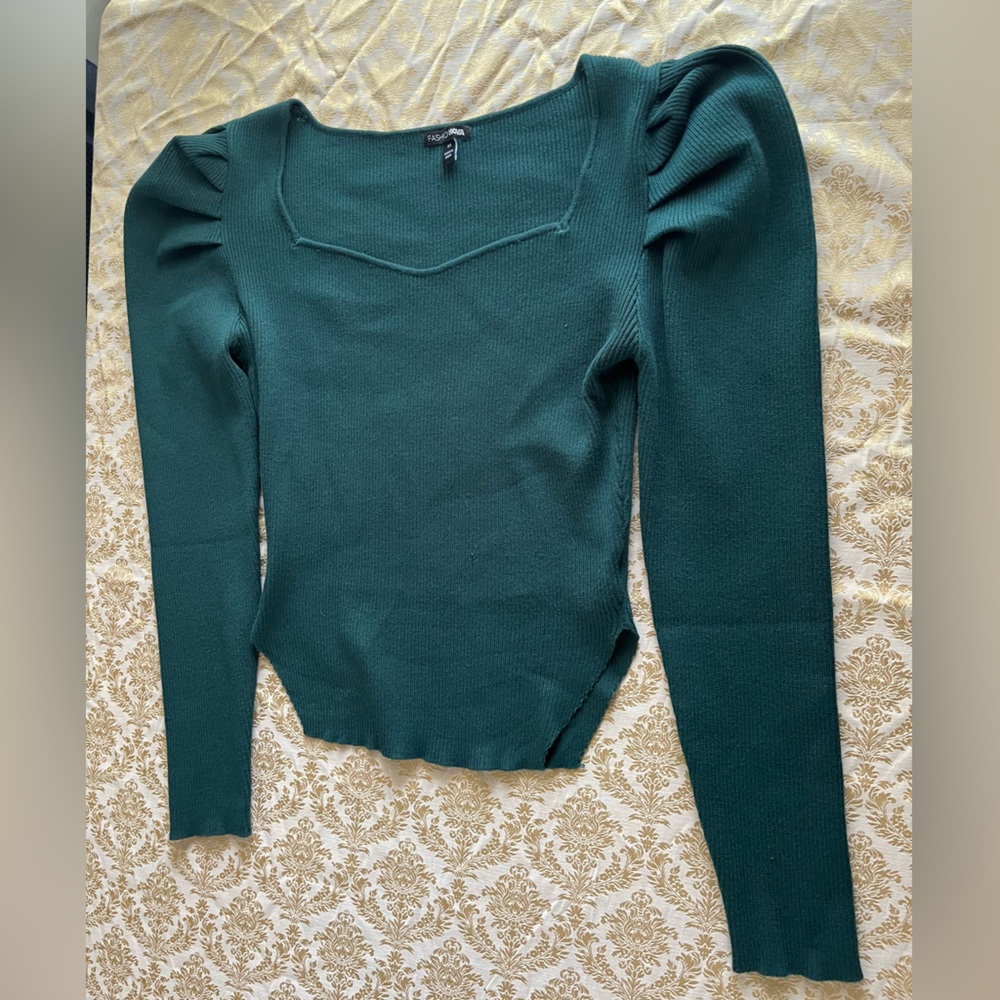 2X Fashion Nova Emerald Forest Green Ribbed Square Neck Shirt